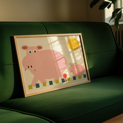 Charming Big Hippo Little Hippo Giclée Wall Art Print